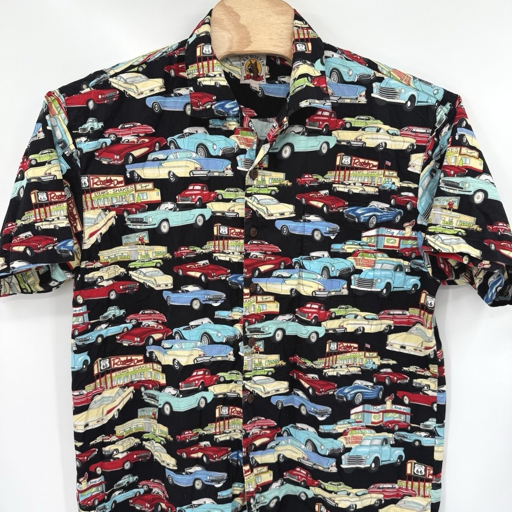 Max Boxxer Button Down Mens XXL Black Classic Cars Route 66 Retro Novelty Shirt